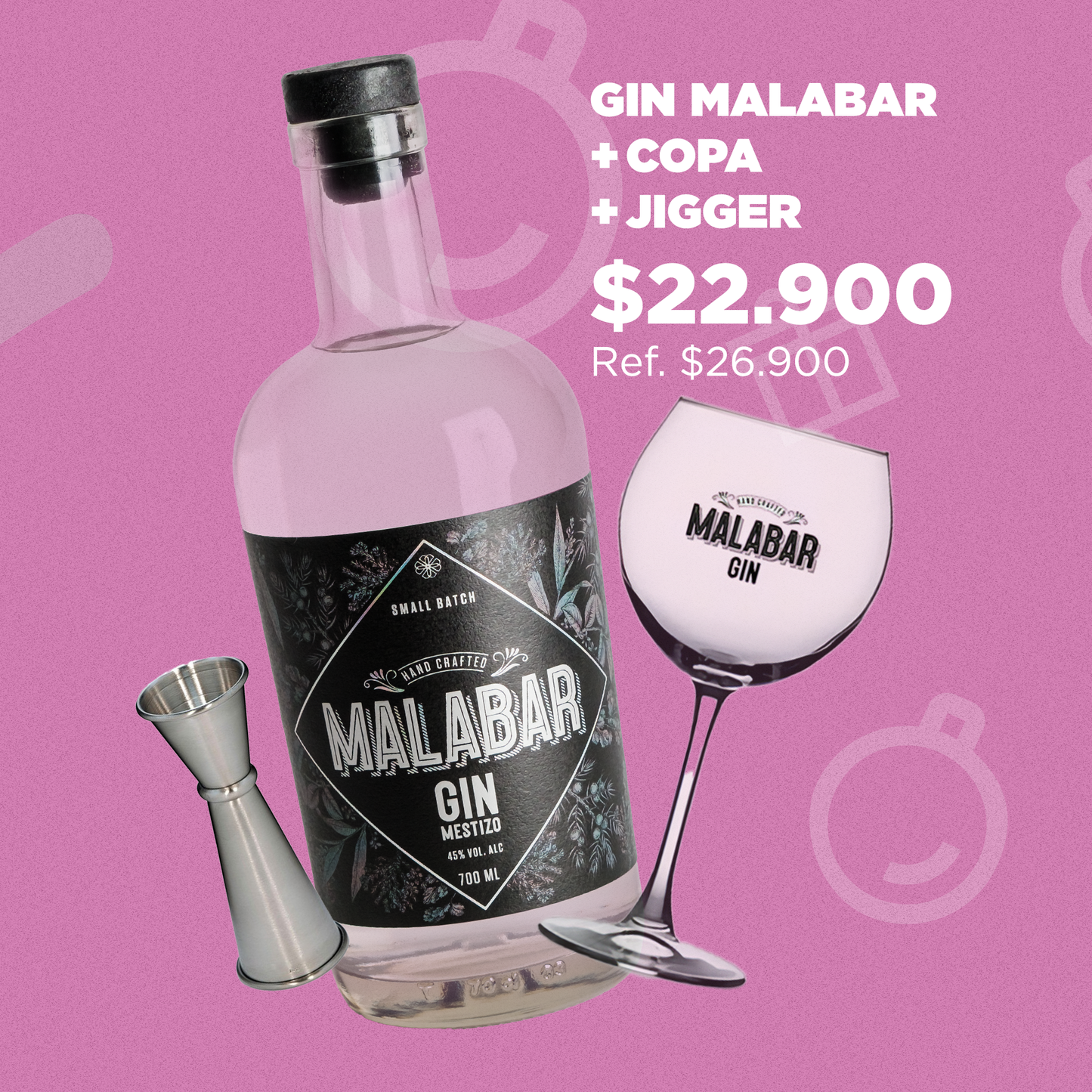 Promo Navideña Gin Malabar + Copa Malabar + Jigger